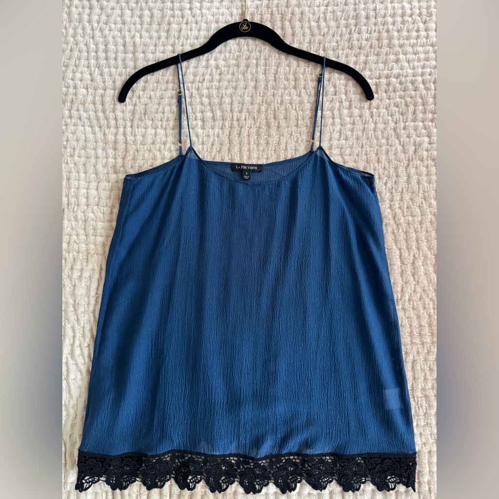 Anthropologie Blue 100% Silk Lace Trim Cami Top New